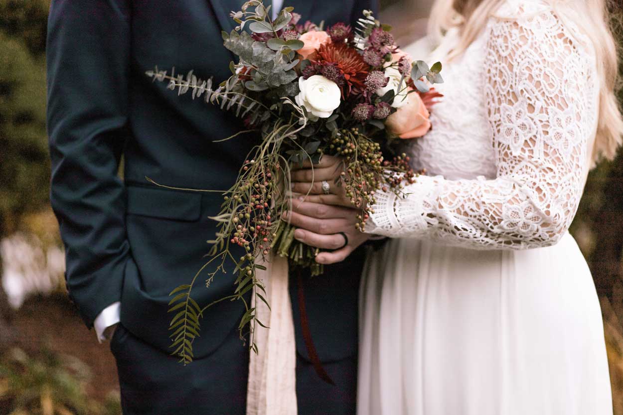 bridal couple holding bouquet