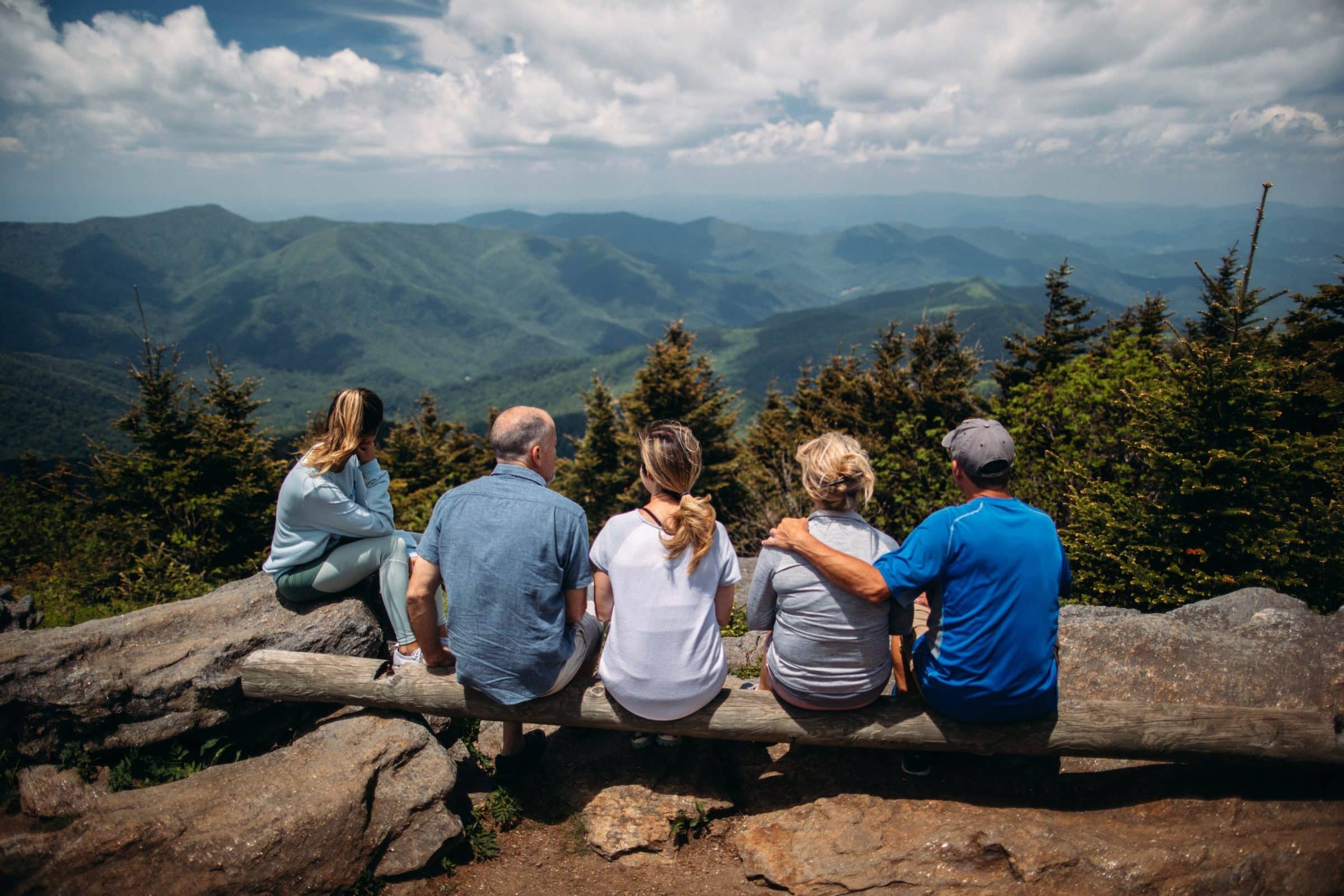 people sitting on a log looking at mountains